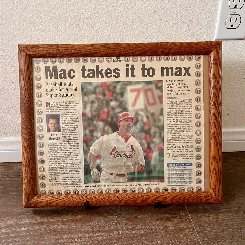 Framed Baseball Newspaper Article in Brown Frame Mark McGuire 13/16 inch